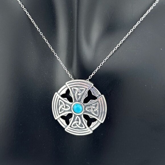 Natural Turquoise Gem in Sterling Silver Celtic Cross - Pendant with Chain - Picture 4 of 7